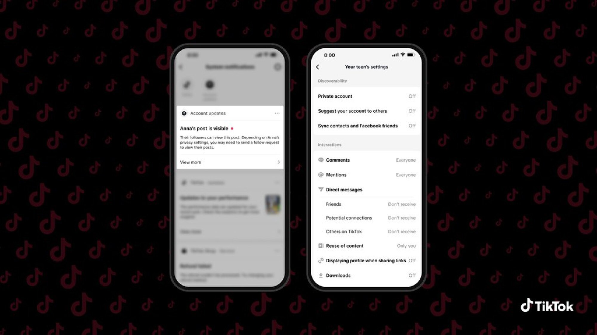 Two phone screens depict new notification pop-ups for parents, including an alert when their teens' post is made visible.