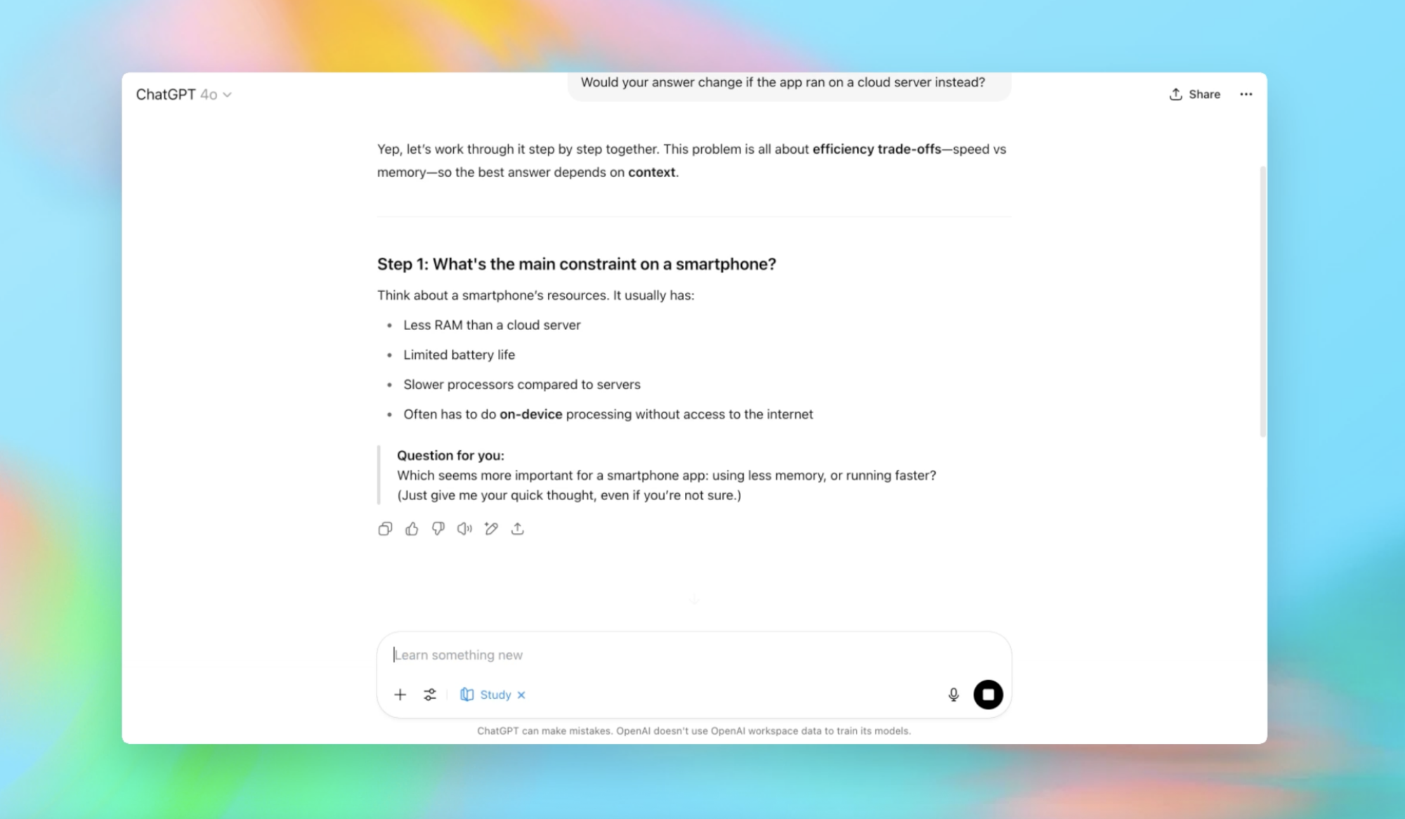 A screenshot of a ChatGPT conversation in Study Mode. The bot has listed the first step of figuring out a computer science question and then posed a question back to the user.