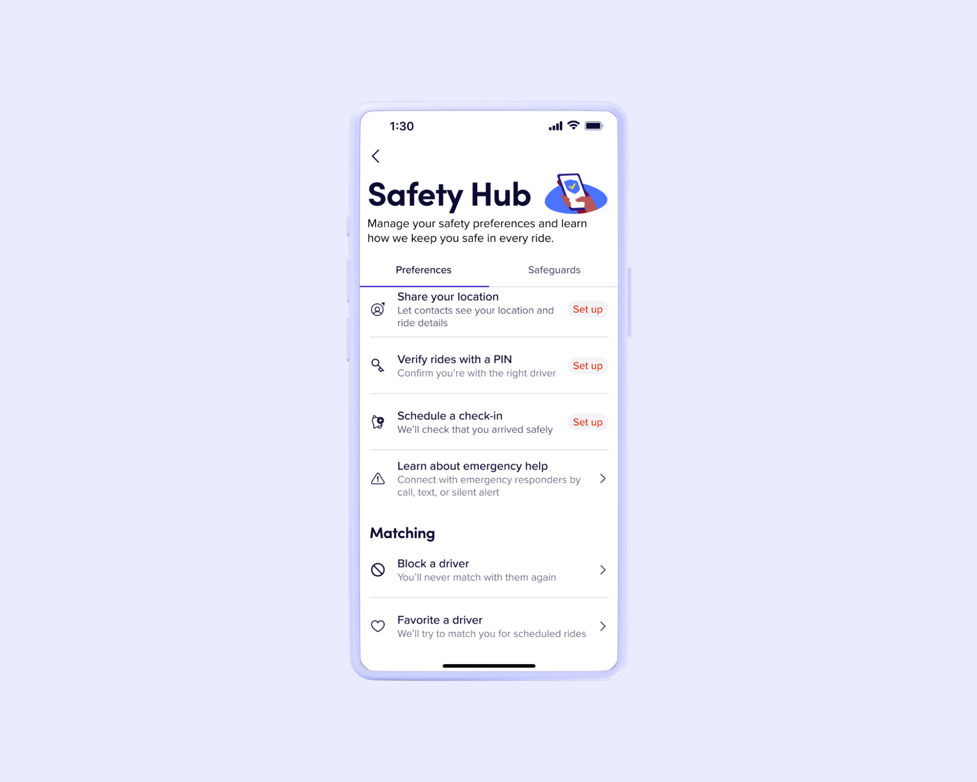 A phone screen displays the new Lyft safety hub menu, which shows options for location sharing, PIN verification, ride check-ins, and emergency help information. It also shows a section labeled "Matching."