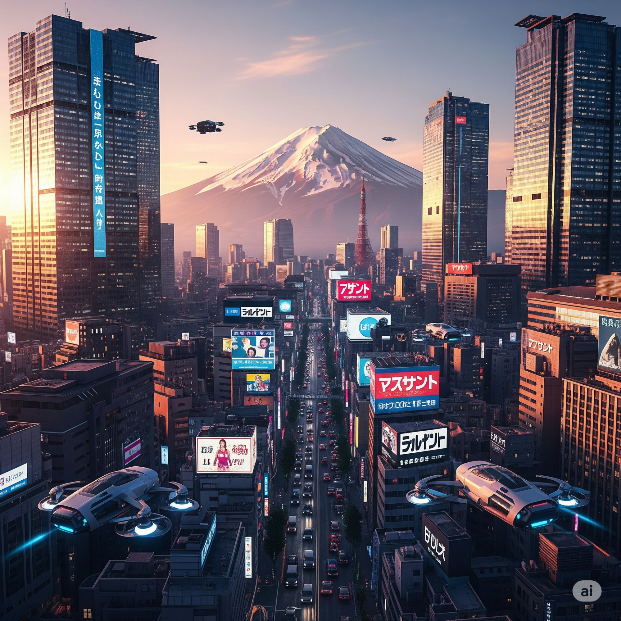 an ai-generated image based on the prompt 'Create a sketch of a futuristic Tokyo skyline at sunset, with flying cars, glowing advertisements in Japanese, and Mount Fuji in the background'