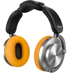 yellow and aluminum dyson headphones on white background