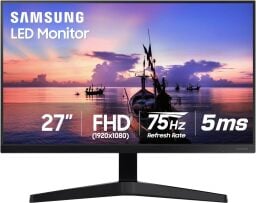 A Samsung monitor displays and image of a sunset plus its specs.