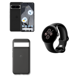 Google Pixel 8 Pro and freebies on white background