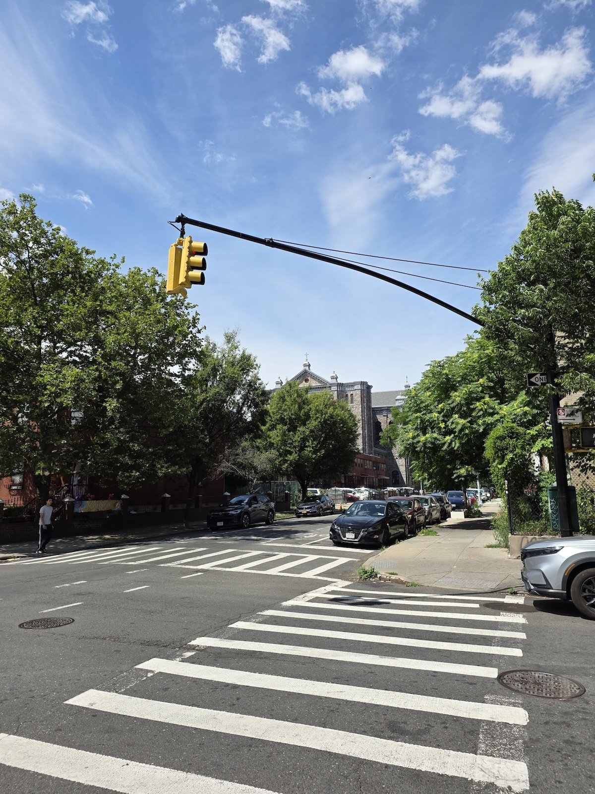 A shot of a church steeple in Brooklyn from very far away