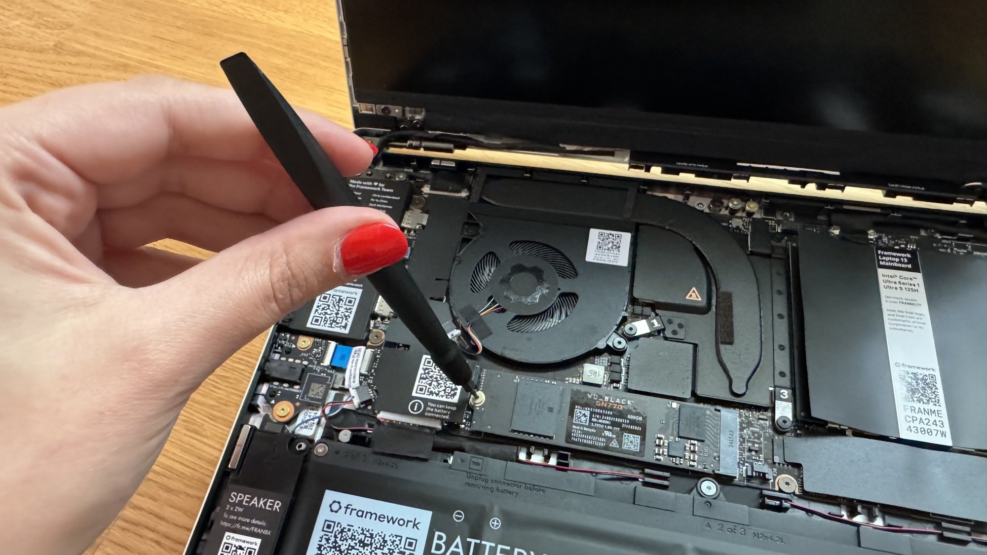 a close-up of a person's hand screwing in the ssd of a framework laptop 13