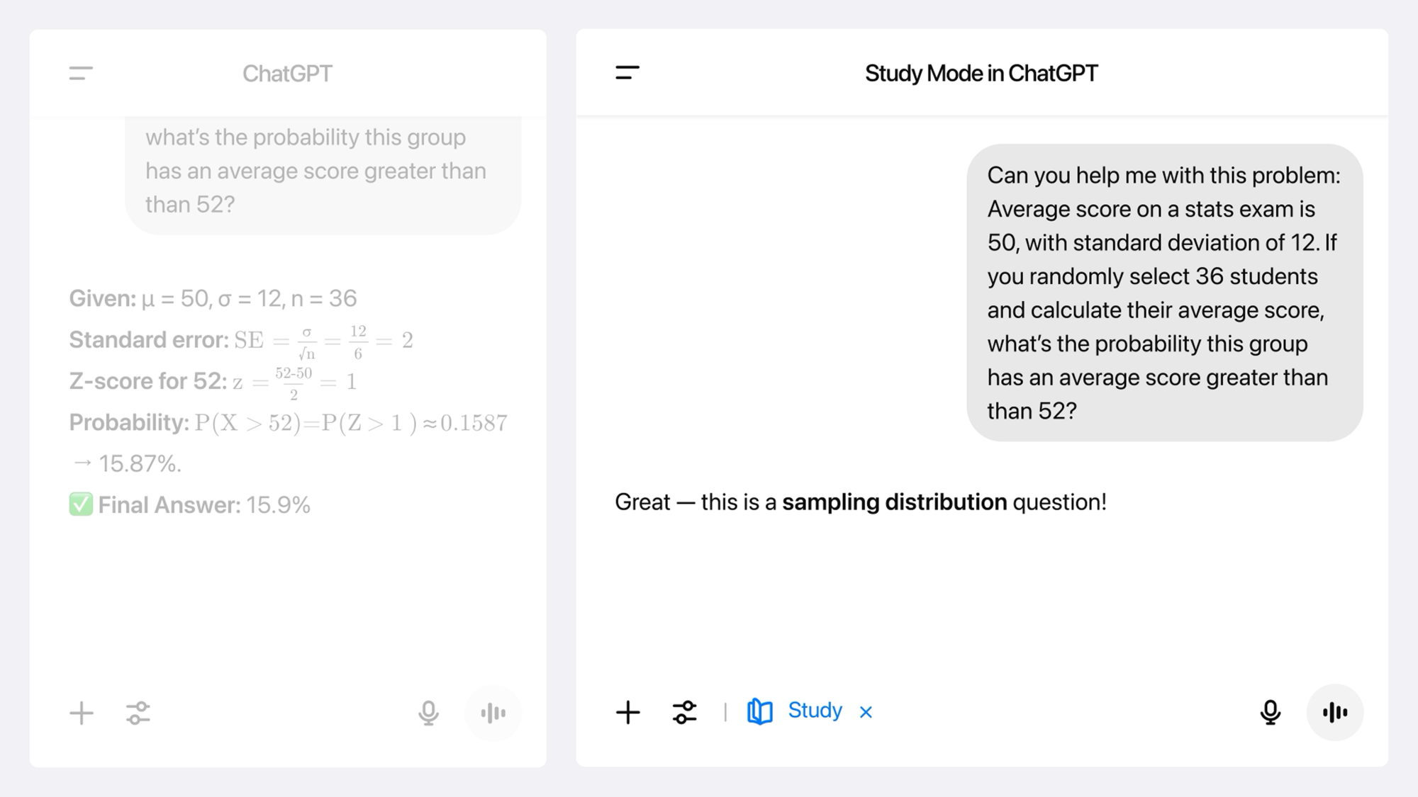 A side by side of regular ChatGPT versus study mode ChatGPT. The former provides an immediate equation and answer, while the second begins a dialogue.