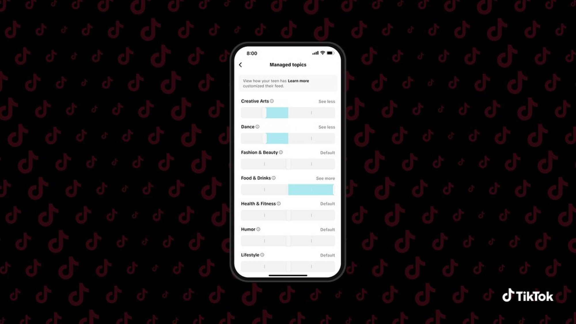A phone screen shows a new "manage topics" menu that lets parents see how teens have curated their feeds.