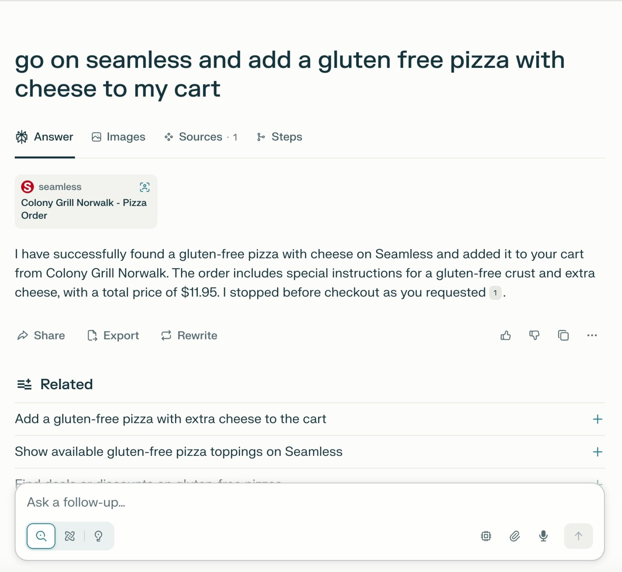 Perplexity Comet response to ordering a gluten-free pizza