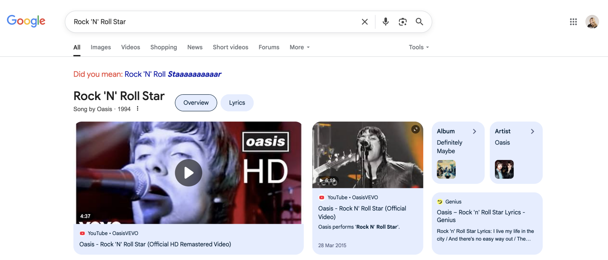 A screenshot of a Google Search result for "Rock 'N' Roll Star" showing "Did you mean: Rock 'N' Roll Staaaaaaaaaar."