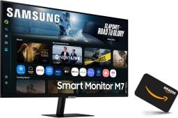 The Samsung M7 smart monitor with an Amazon gift card on a white background
