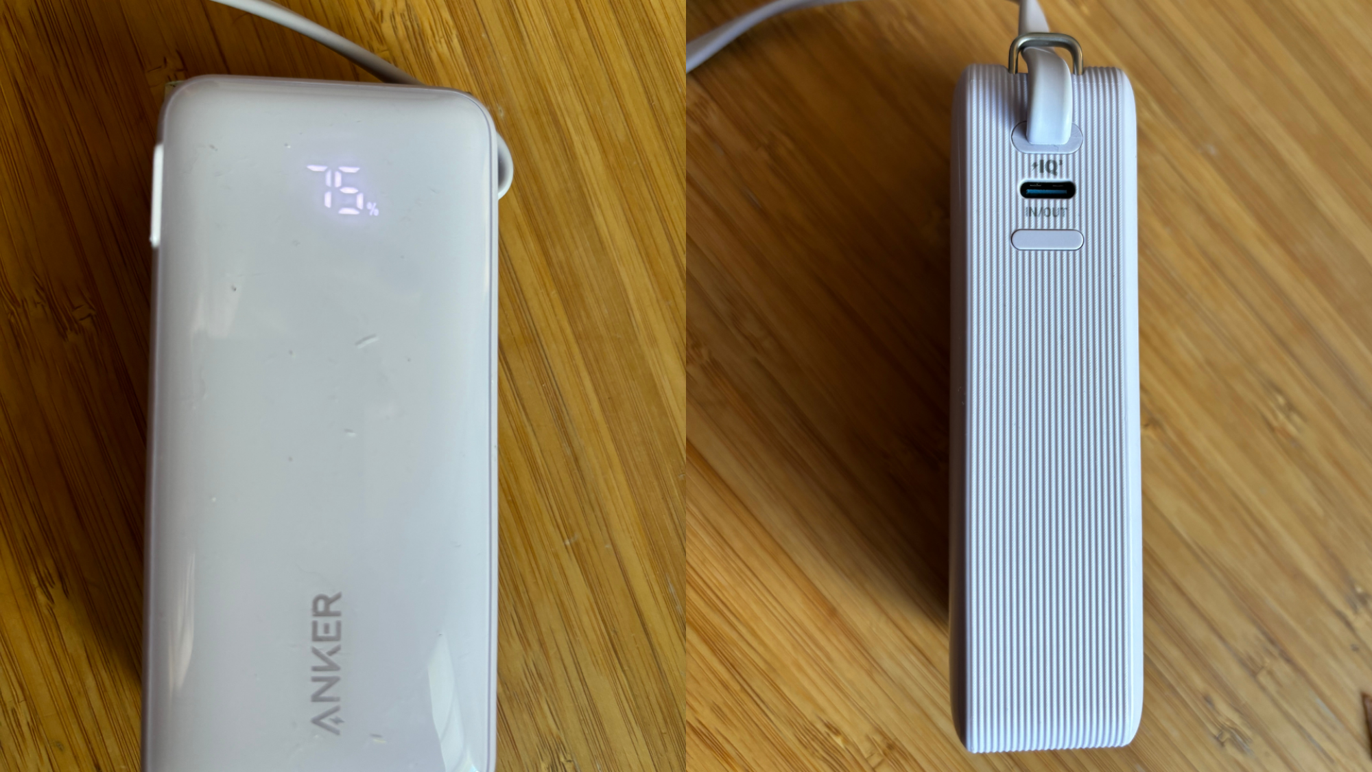 On the left, one side of the Anker Nano showing that it is 75% charged. On the right, another side of the Anker Nano showing the USB-C port.