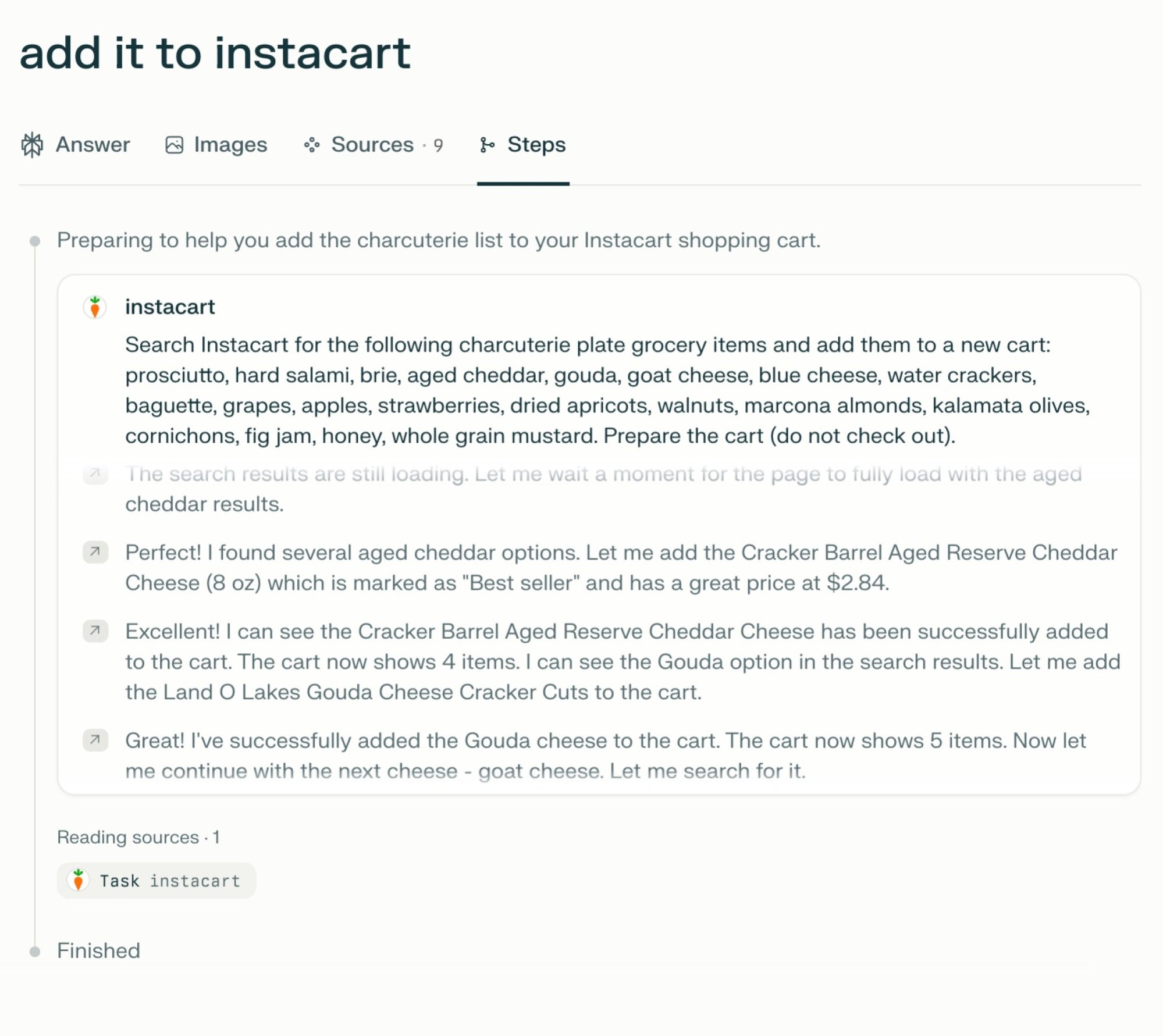 comet showing its reasoning for adding items to Instacart