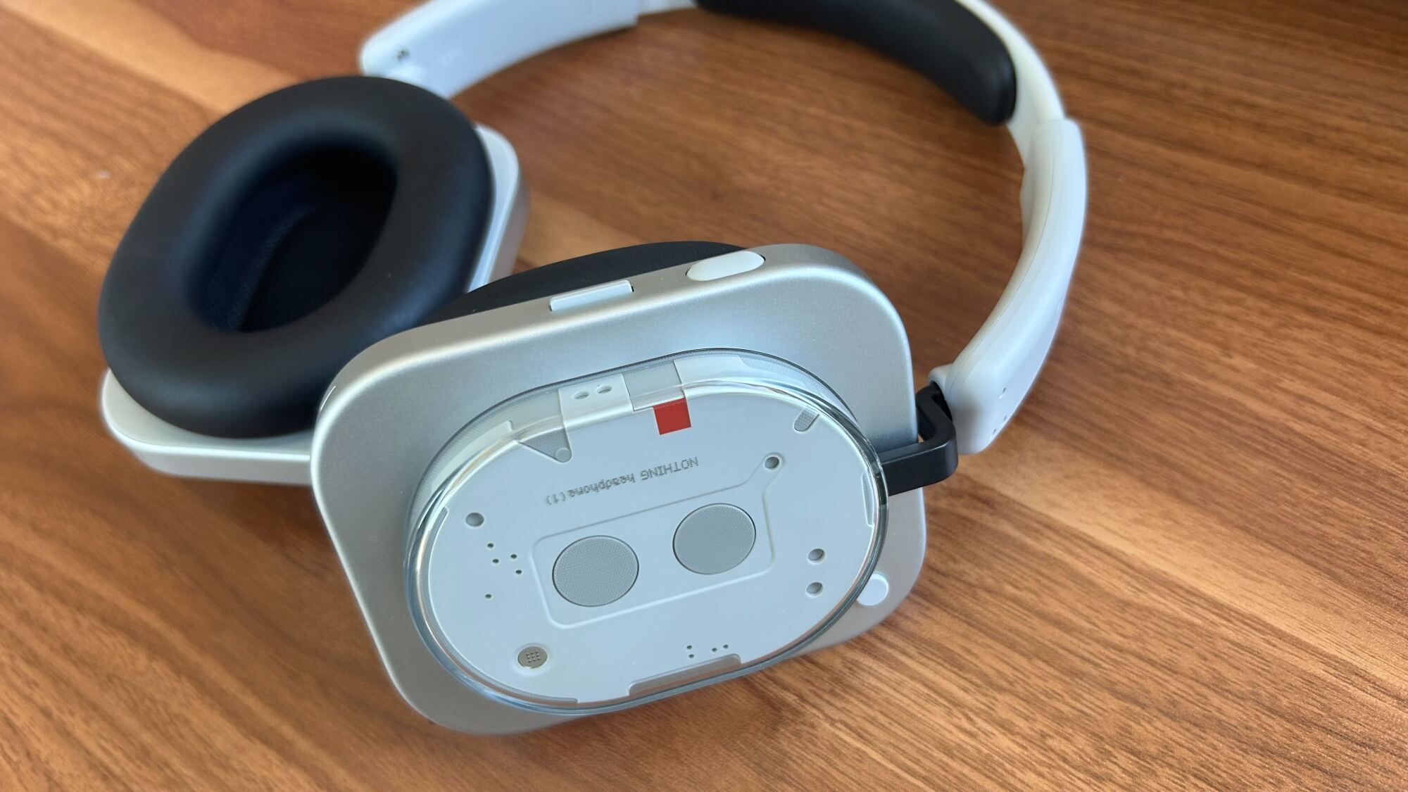 close up of right ear cup of nothing headphones