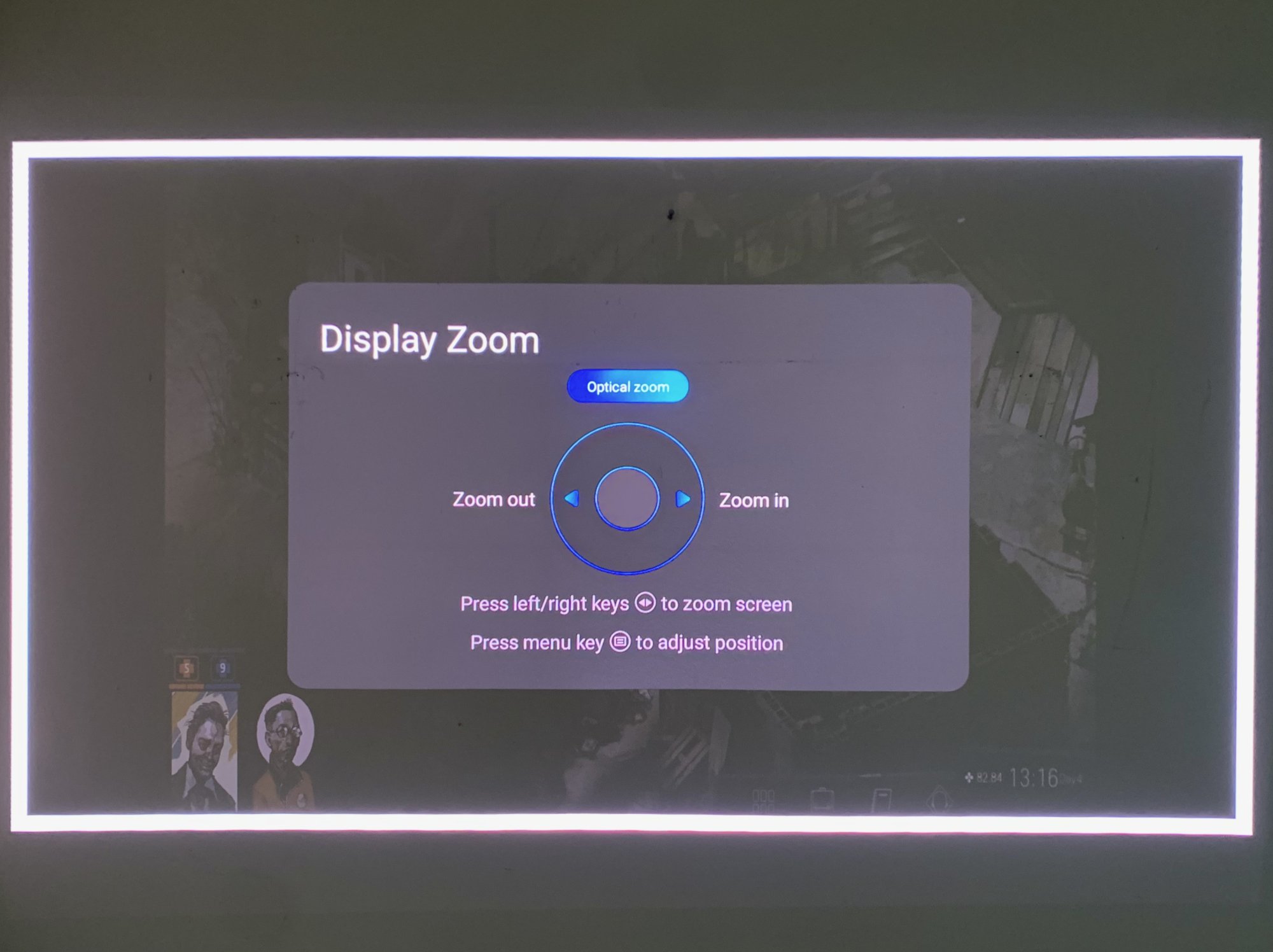 The Valerion's optical zoom menu is displayed on top of a screen from Disco Elysium.