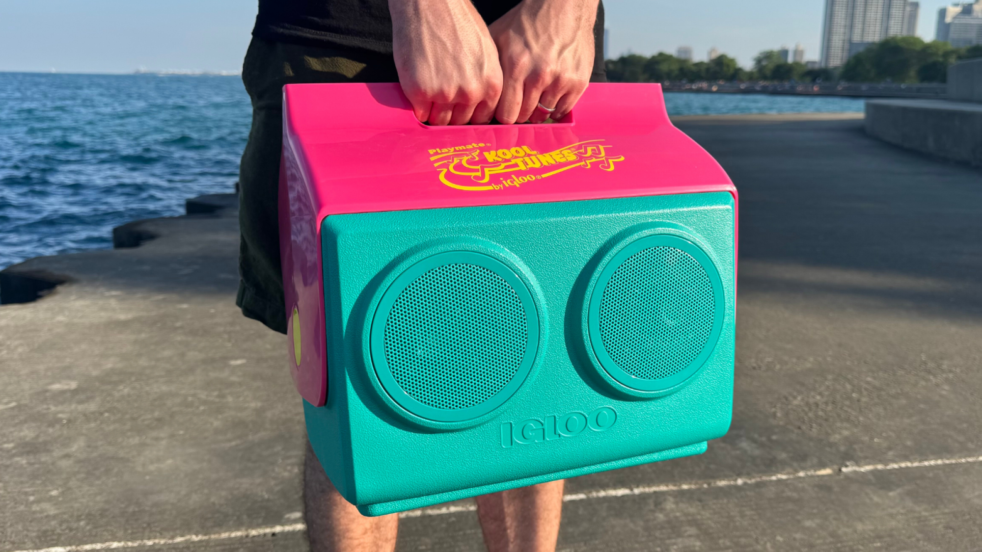 a close-up of a man holding an igloo kooltunes cooler with both hands on concrete steps by a lake