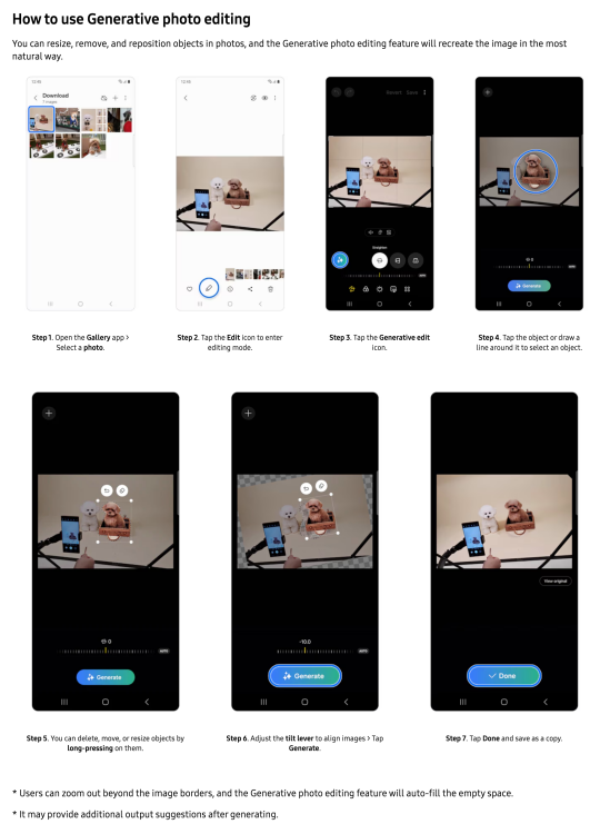 Screenshots of phone screens demonstrating how to use generative photo editing on a Samsung device