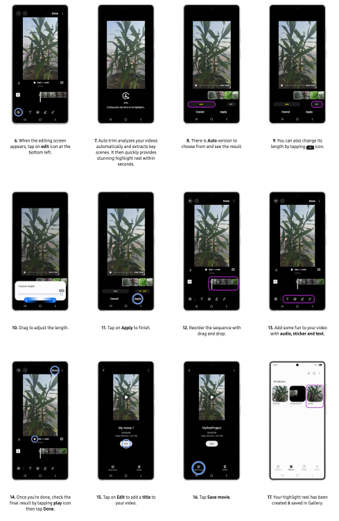 Screenshots of phone screens demonstrating how to use Auto Trim feature on a Samsung device