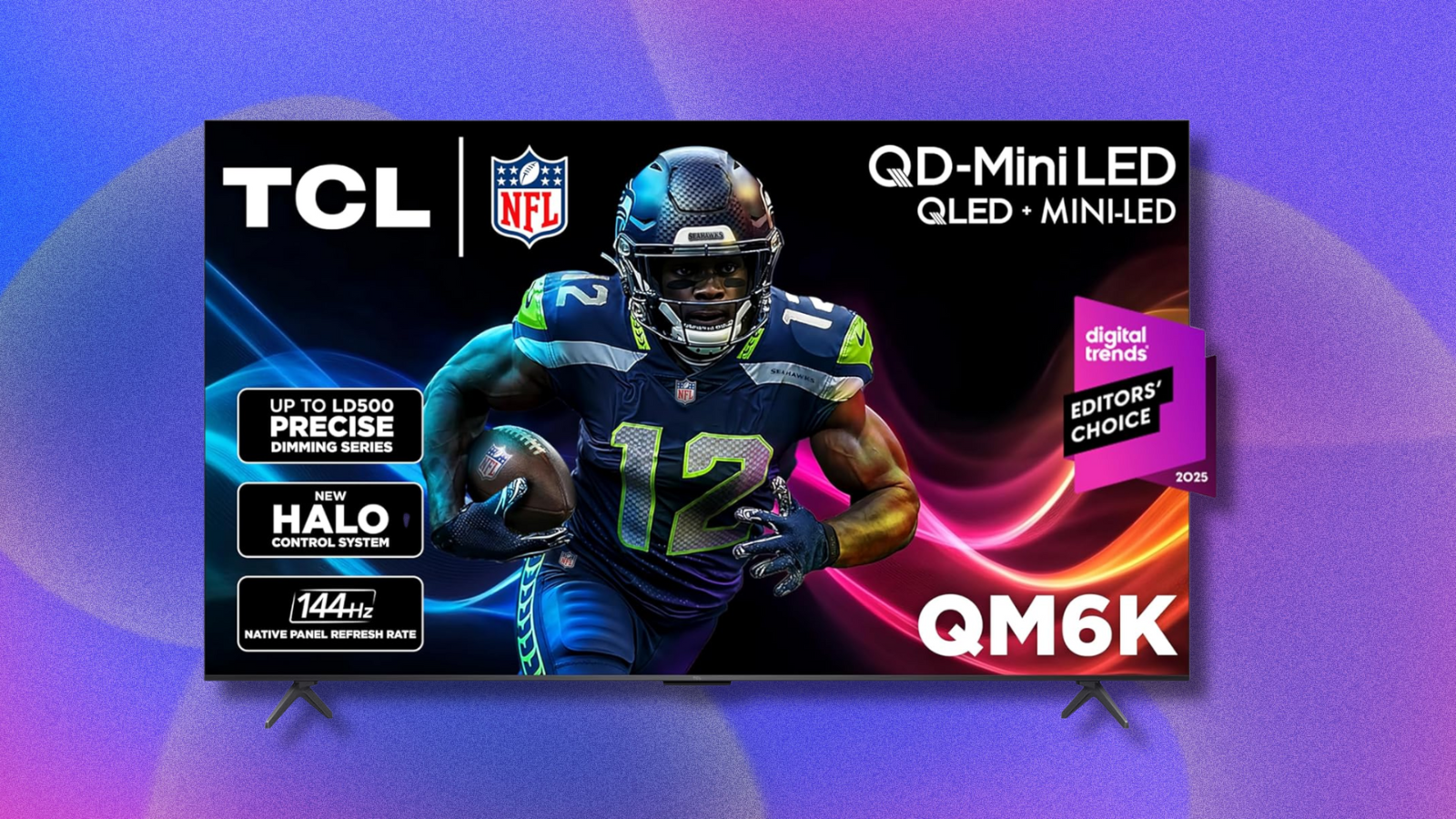 TCL QM6K Mini LED 4K TV on purple and pink abstract background