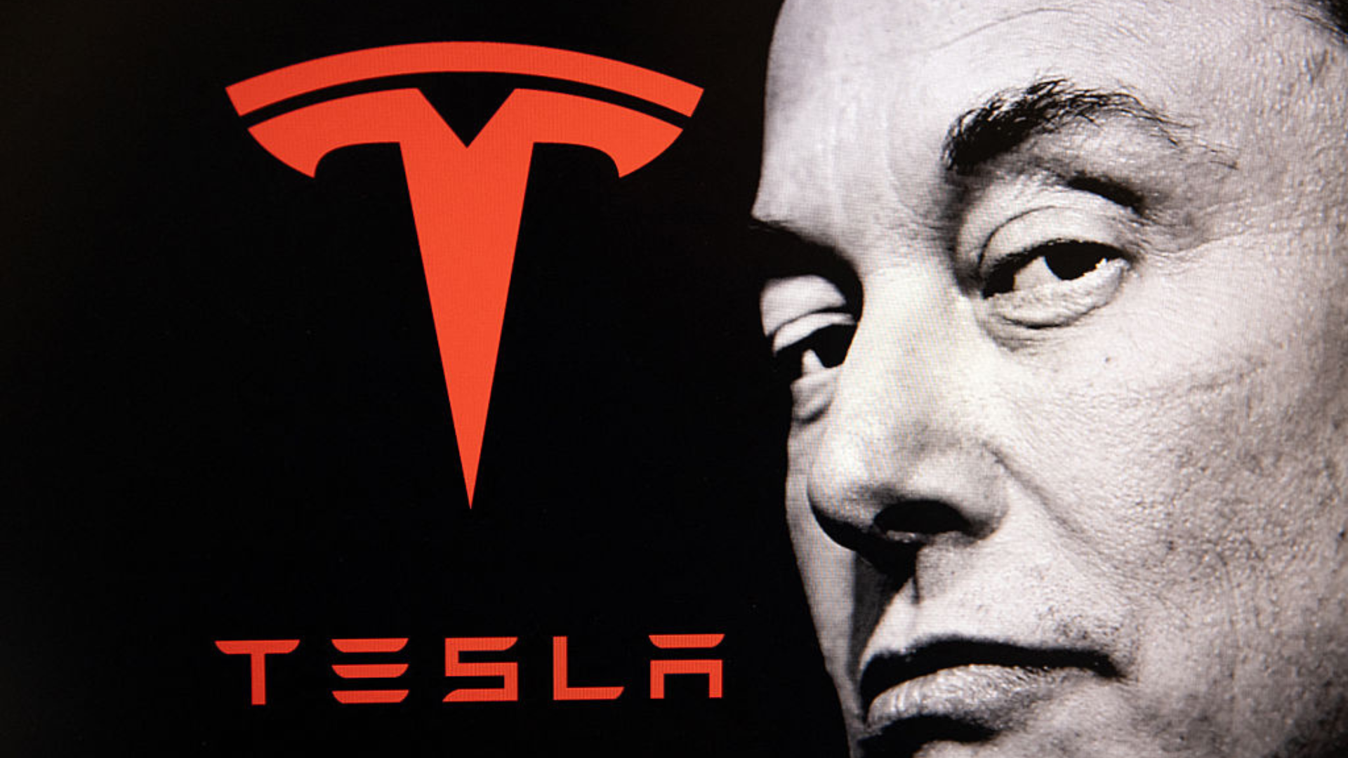The Tesla logo next to Elon Musk's face.