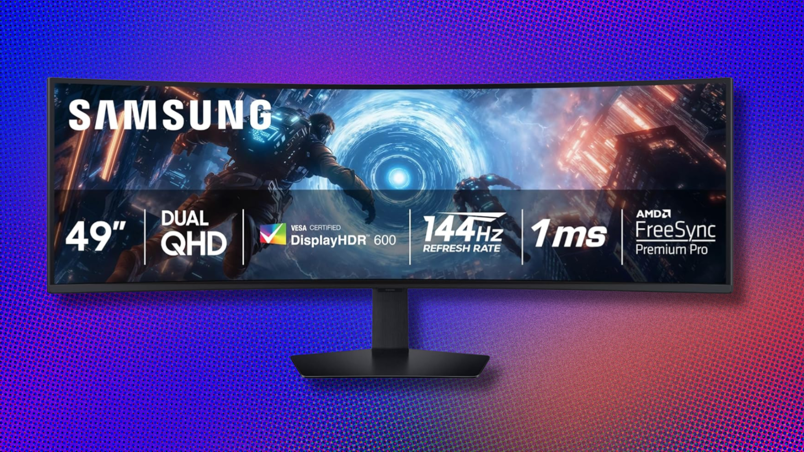 Samsung Odyssey G9 monitor on blue and orange abstract background