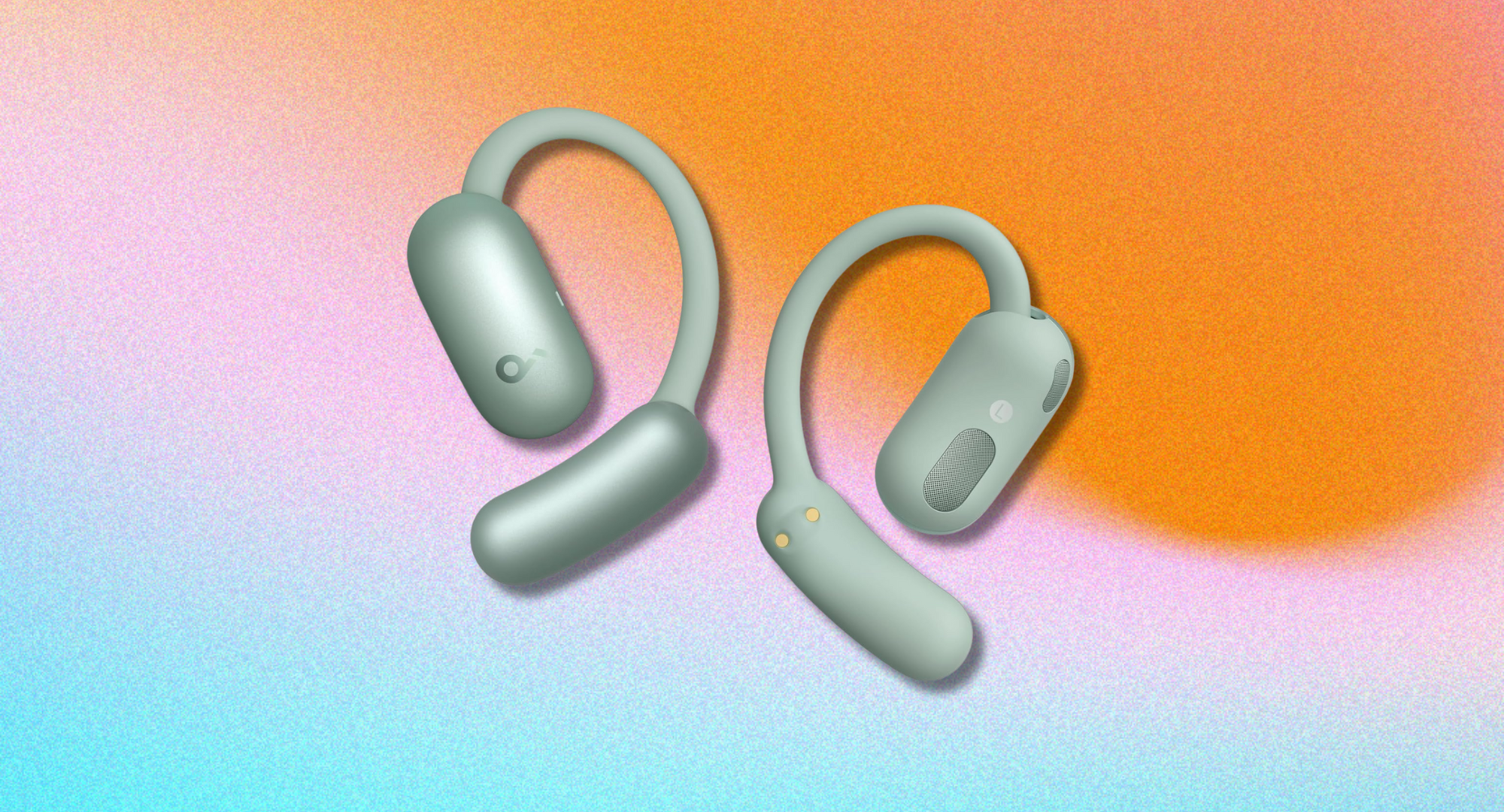 Green soundcore AeroFit 2 by Anker against a colorful background.