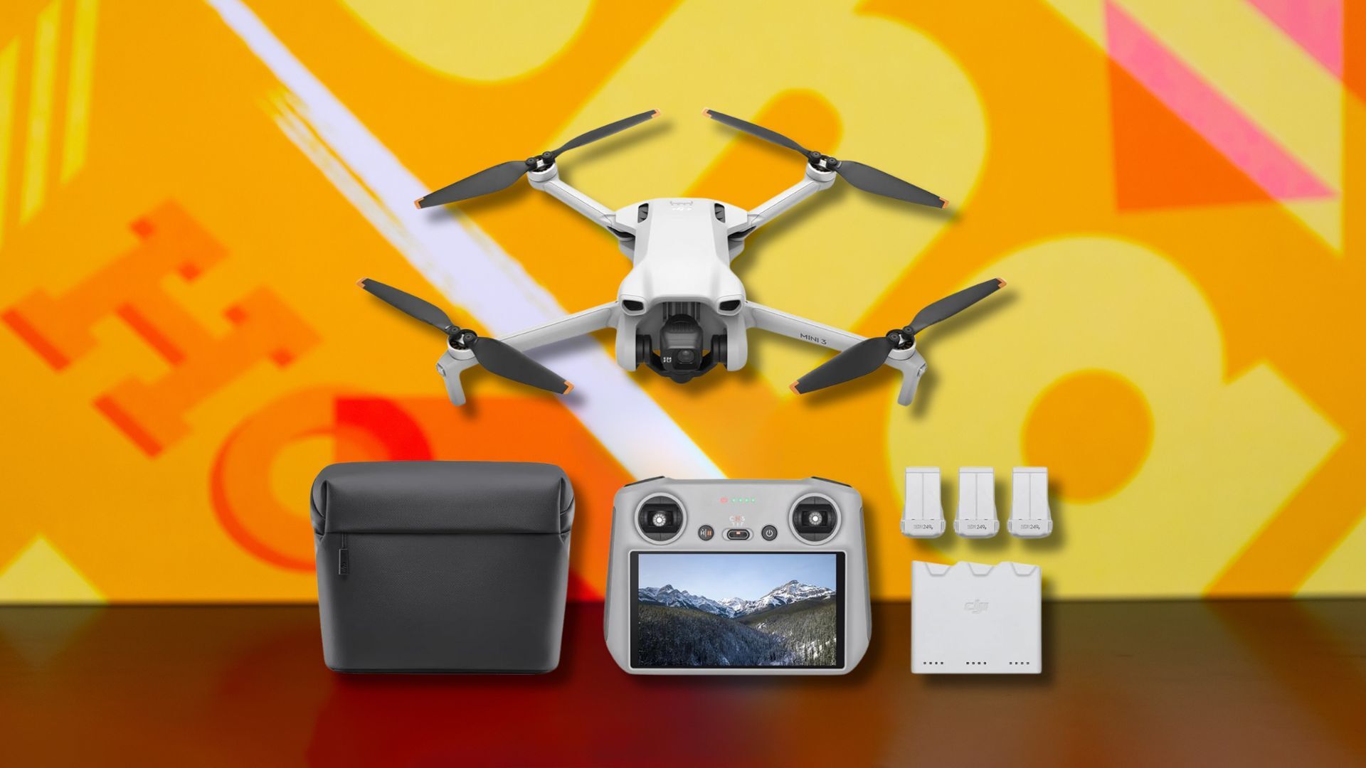 dji mini 3 drone, bag, display, and batteries against a yellow patterned background