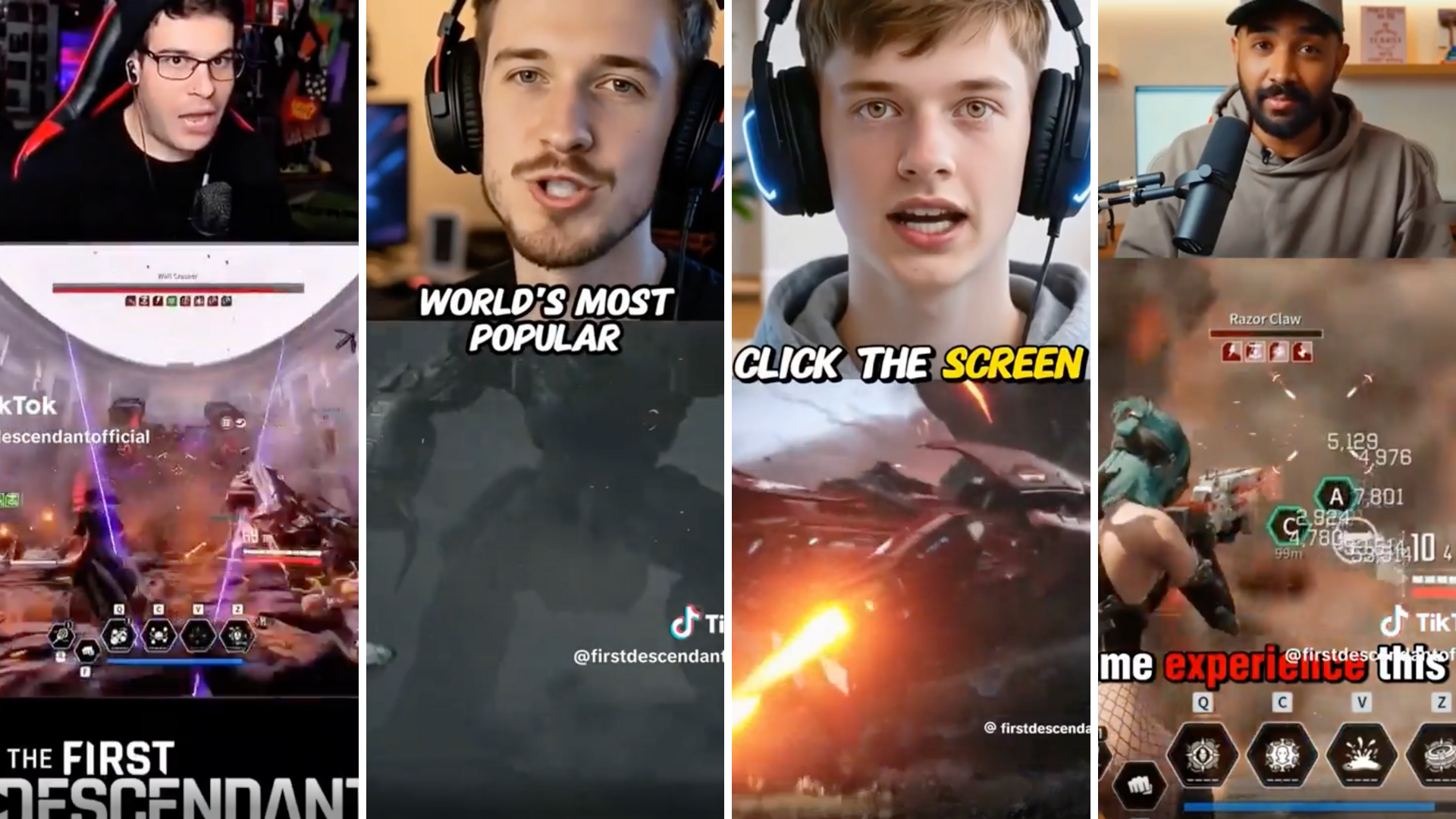 Four screenshots of TikTok ads for 'The Last Descendant,' featuring apparent AI-generated streamers and deepfakes.