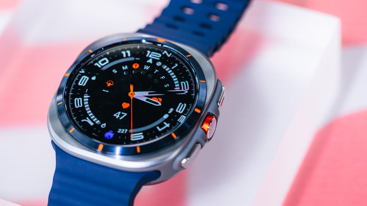 close-up portrait of samsung galaxy watch 8 with blue band