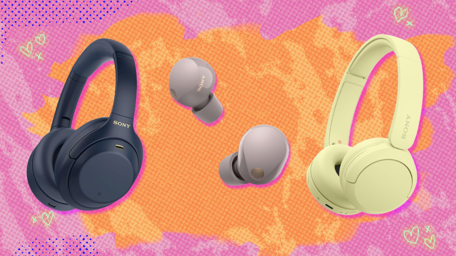 Sony WH-1000XM4, Sony WH-CH520, and Sony WF-1000XM5 headphones with colorful background illustration