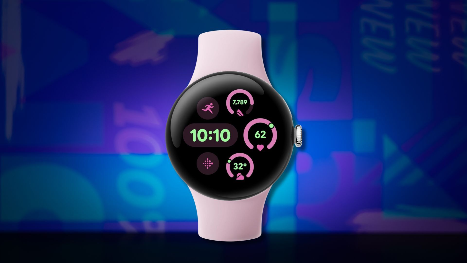 google pixel watch 3 smartwatch against a dark blue patterned background