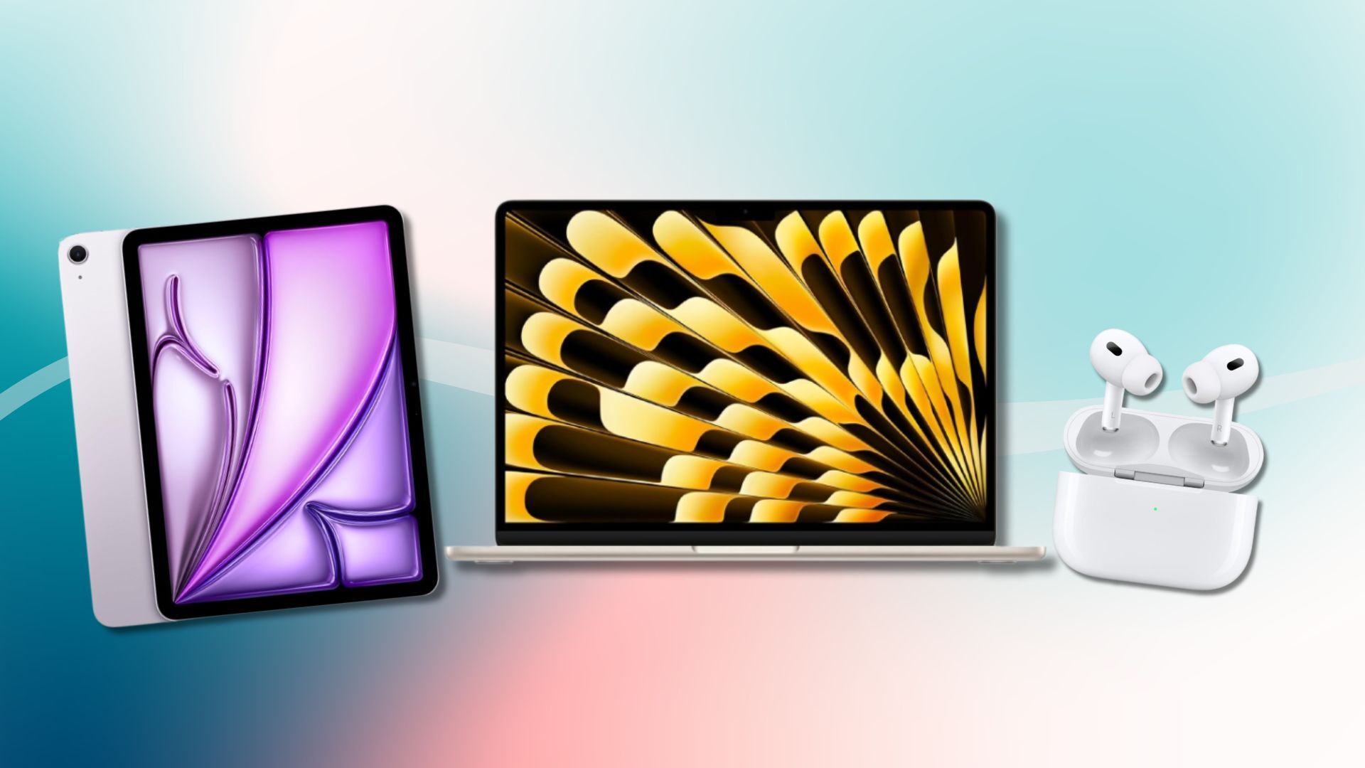 gradient background with purple ipad, starlight macbook, and airpods pro