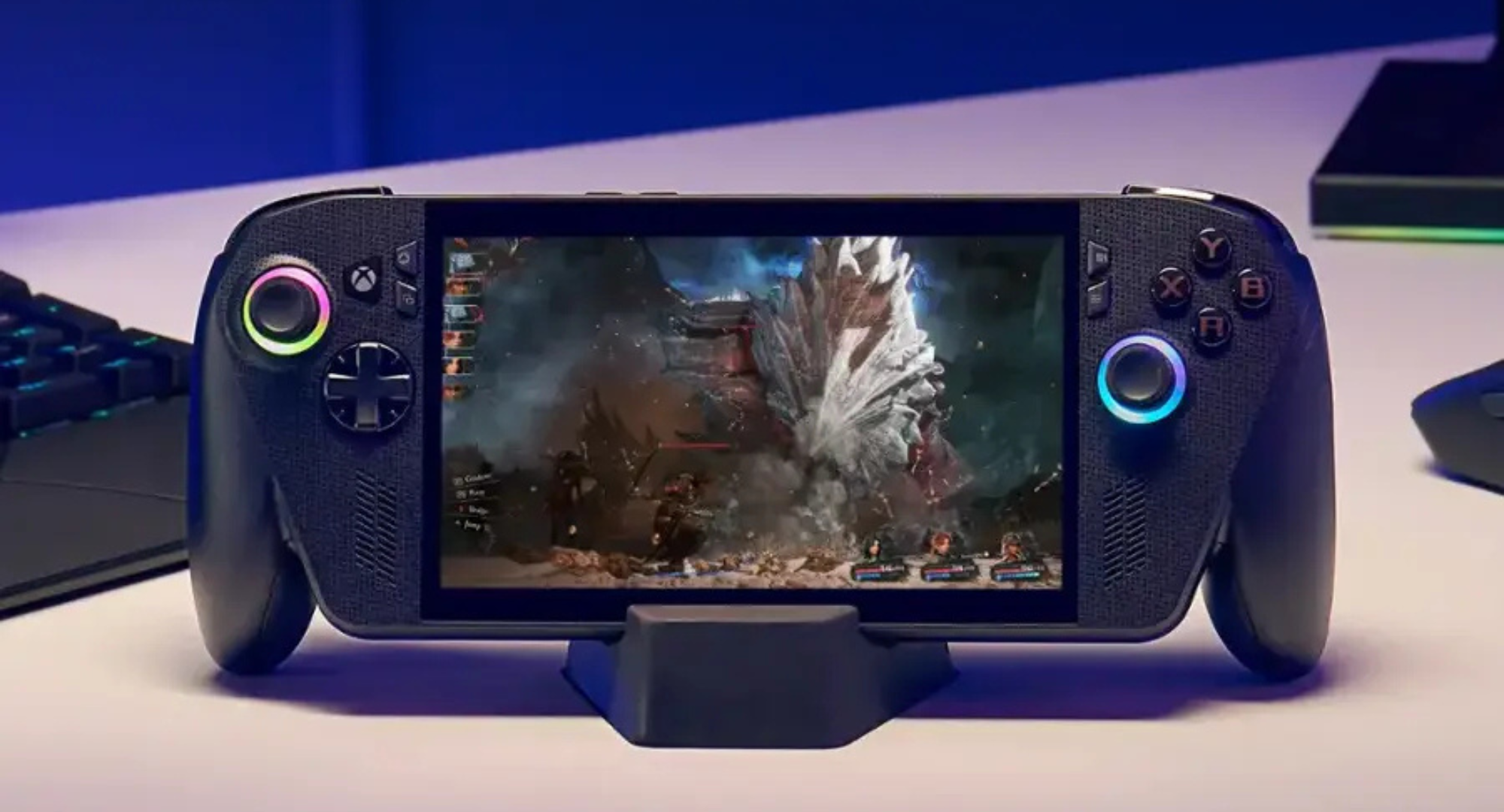 The ROG Xbox Ally X sitting on a table.