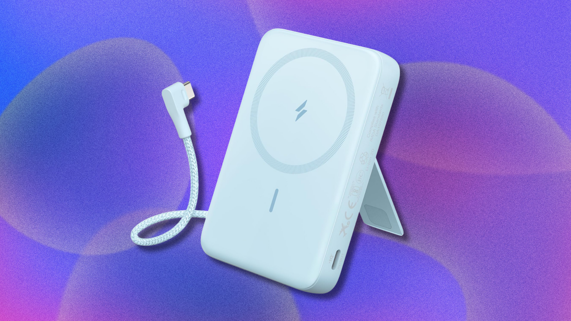 Anker Zolo Magnetic Power Bank on purple and pink abstract background