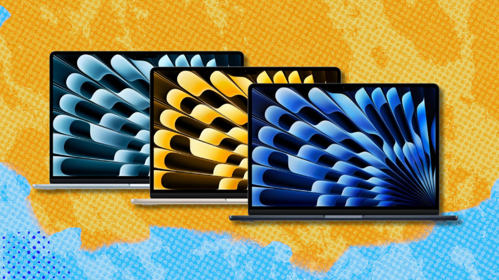 MacBook Air in three different colors with gold and blue background