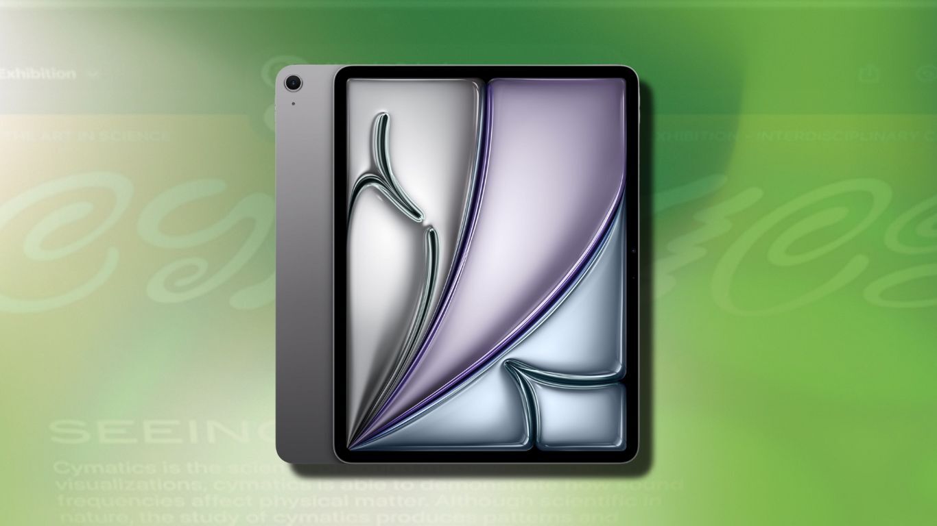 13-inch Apple iPad Air (M3, 256GB) on a green gradient background