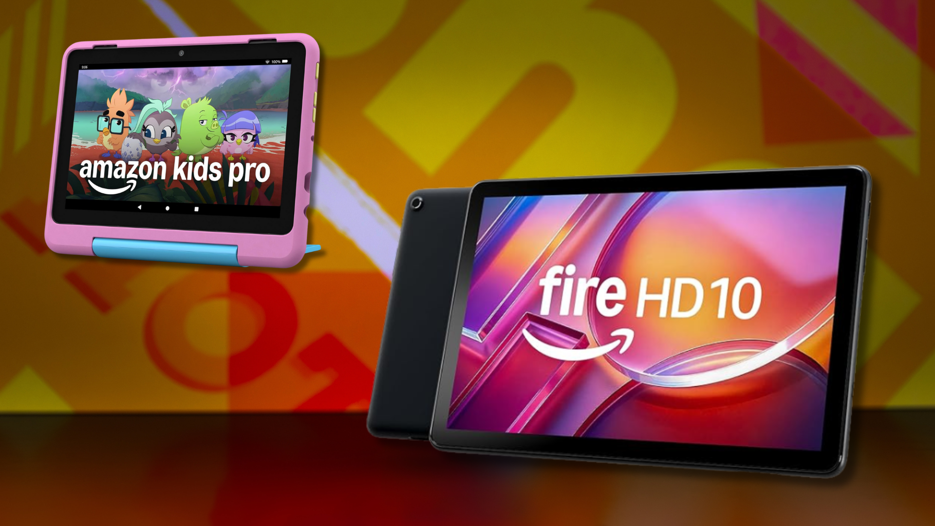 Two Amazon Fire tablets on a colorful backdrop.