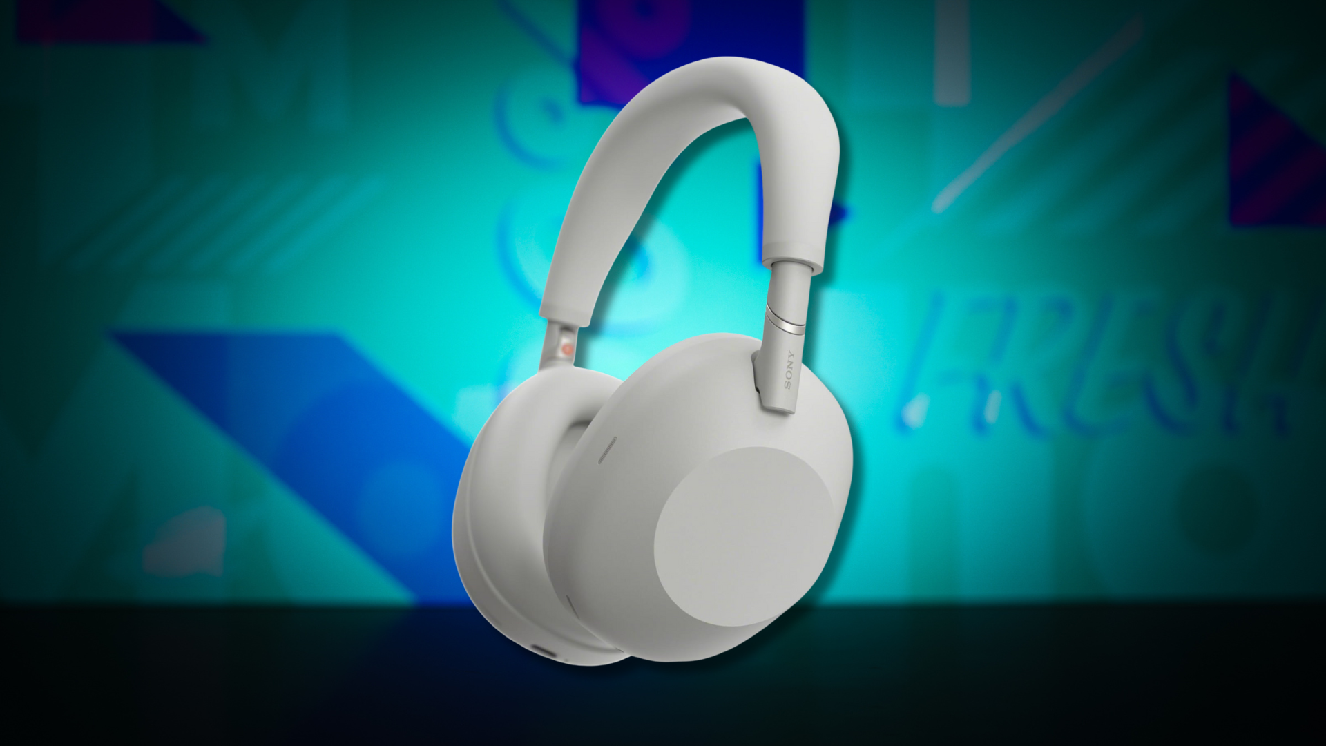 A pair of Sony headphones against a blue background