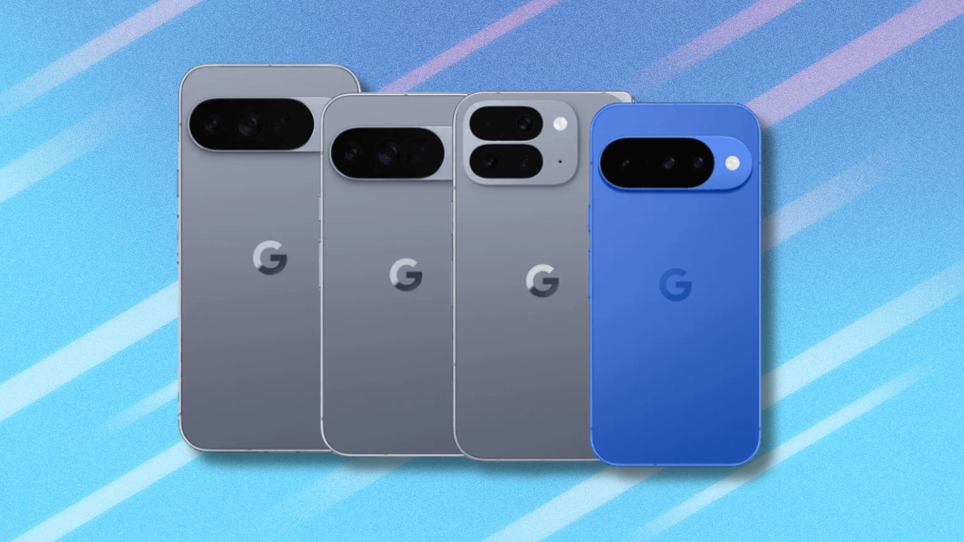 Google Pixel lineup on blue abstract background