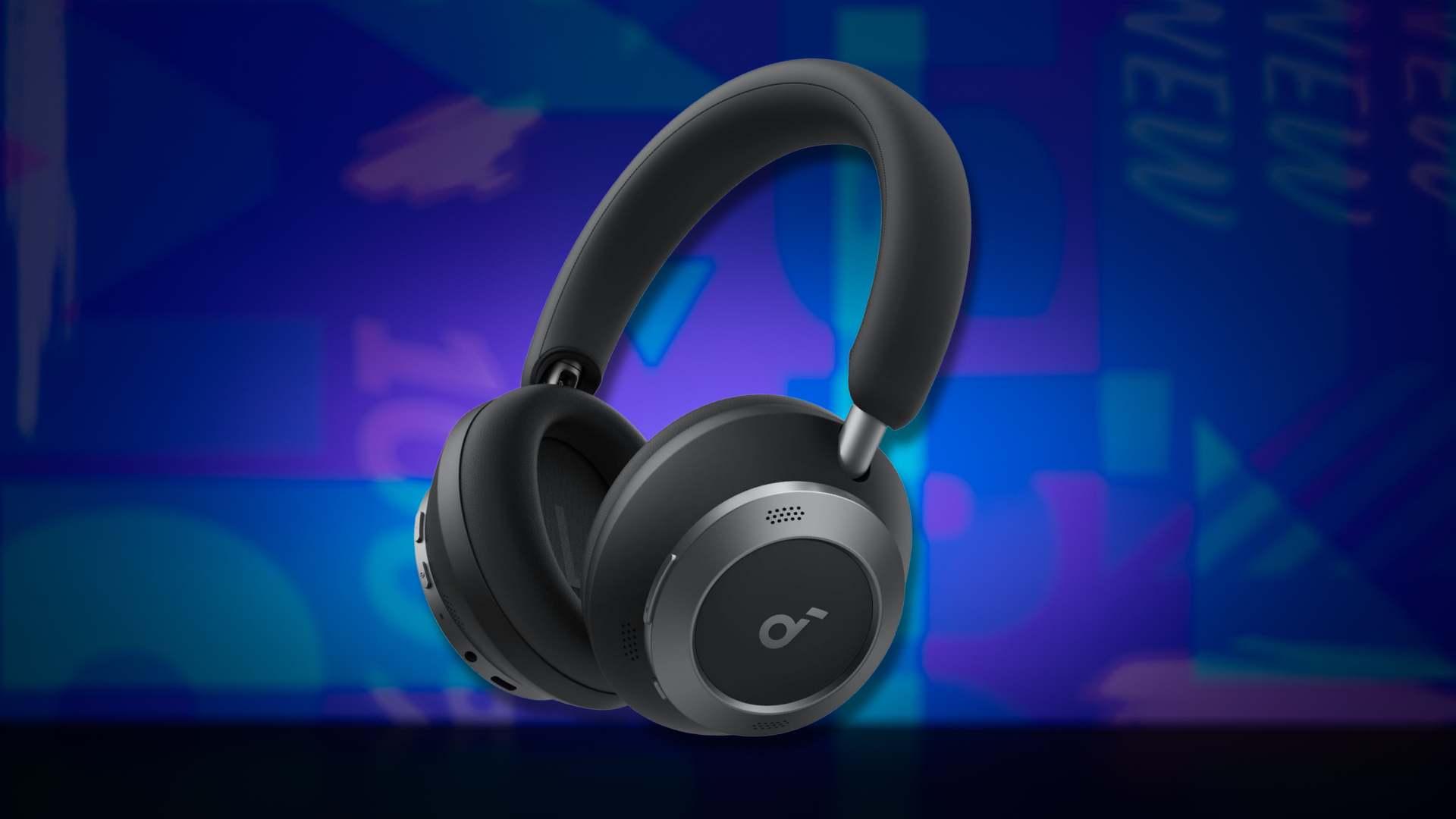 A pair of Soundcore Space Pro One headphones against a colorful background