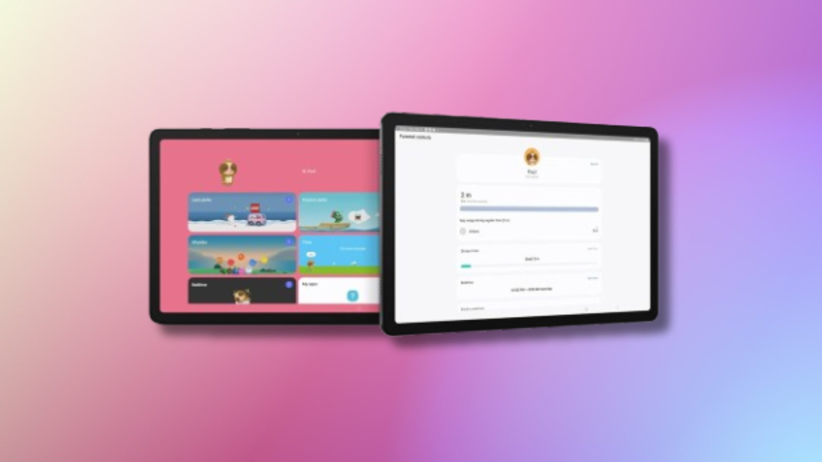 Samsung Galaxy Tab A9+ tablet with pink and purple background