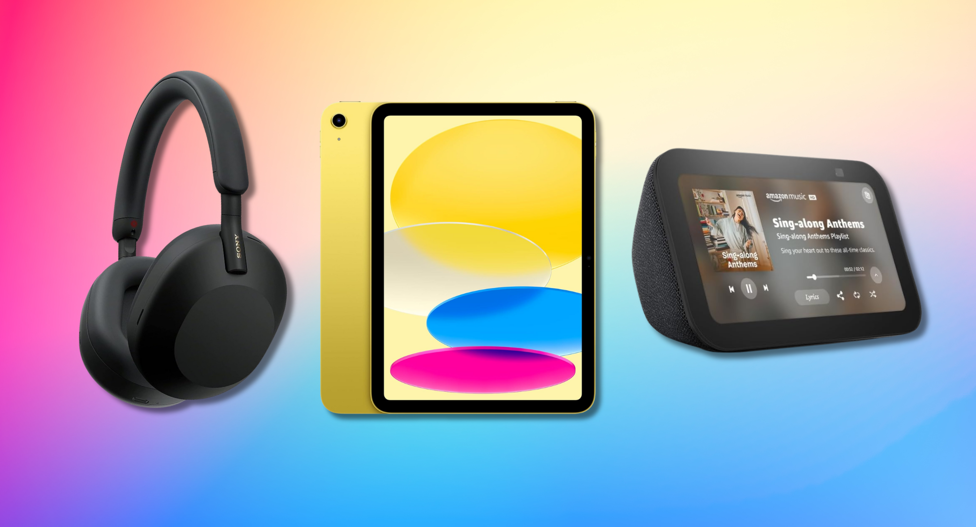 A pair of black Sony headphones, a yellow Apple iPad, and an Amazon Echo Show 5 smart display are arranged on a colorful gradient background.
