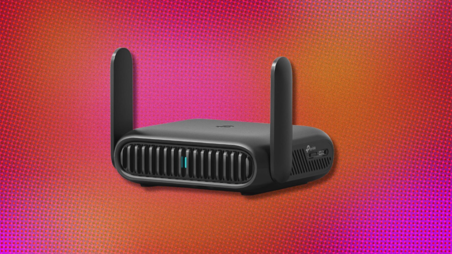 the TP-Link Portable Travel router on a pink background