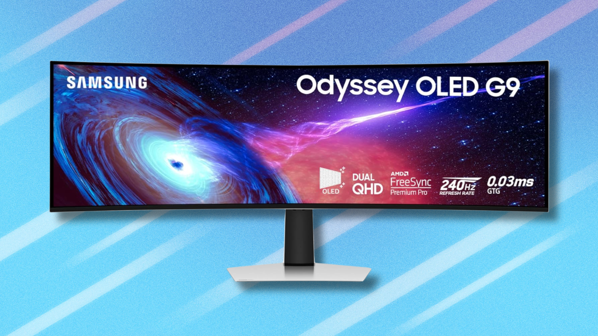 Samsung Odyssey OLED G9 gaming monitor on light blue abstract background