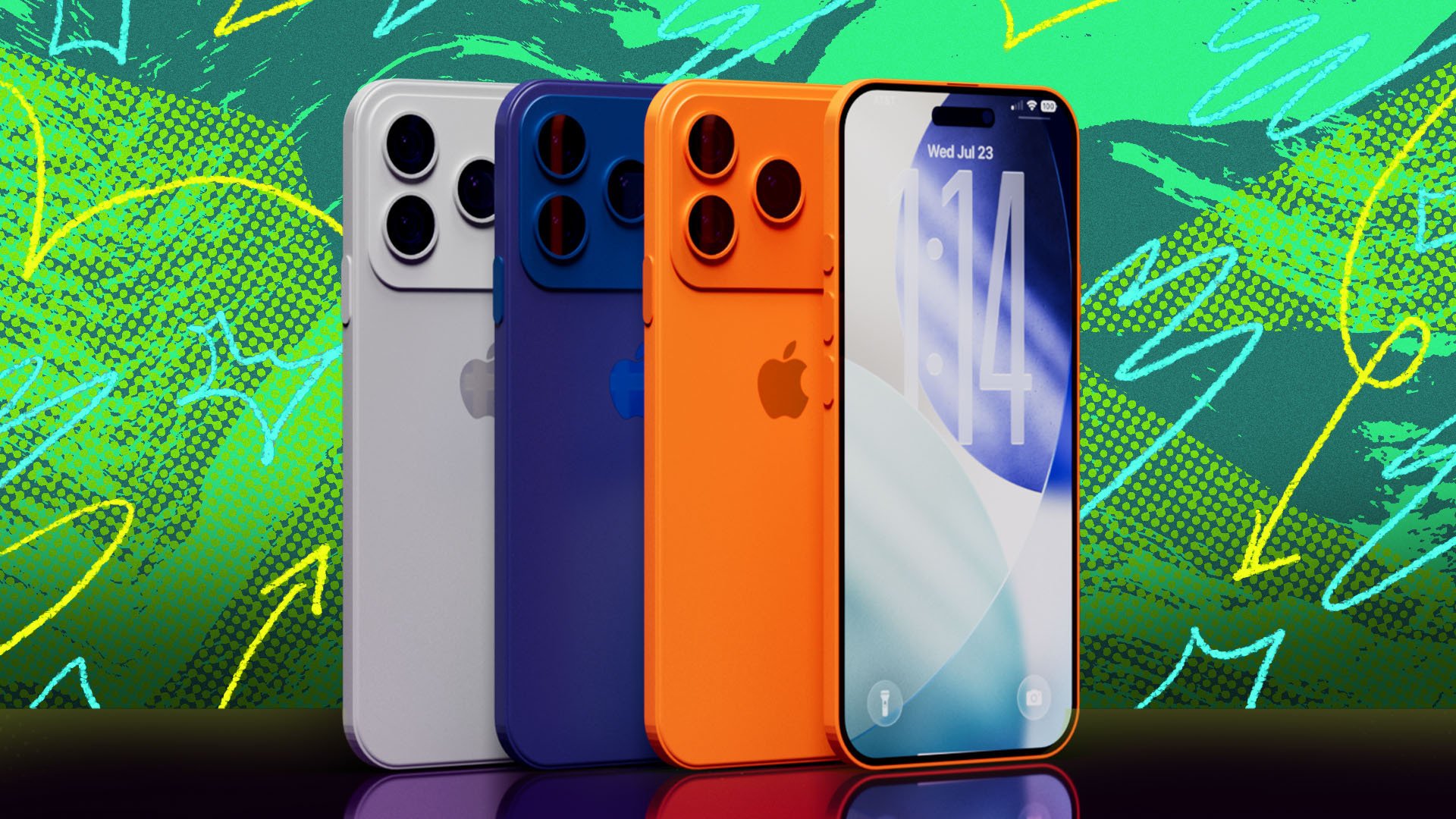 row of iphone 17 phones in various colors