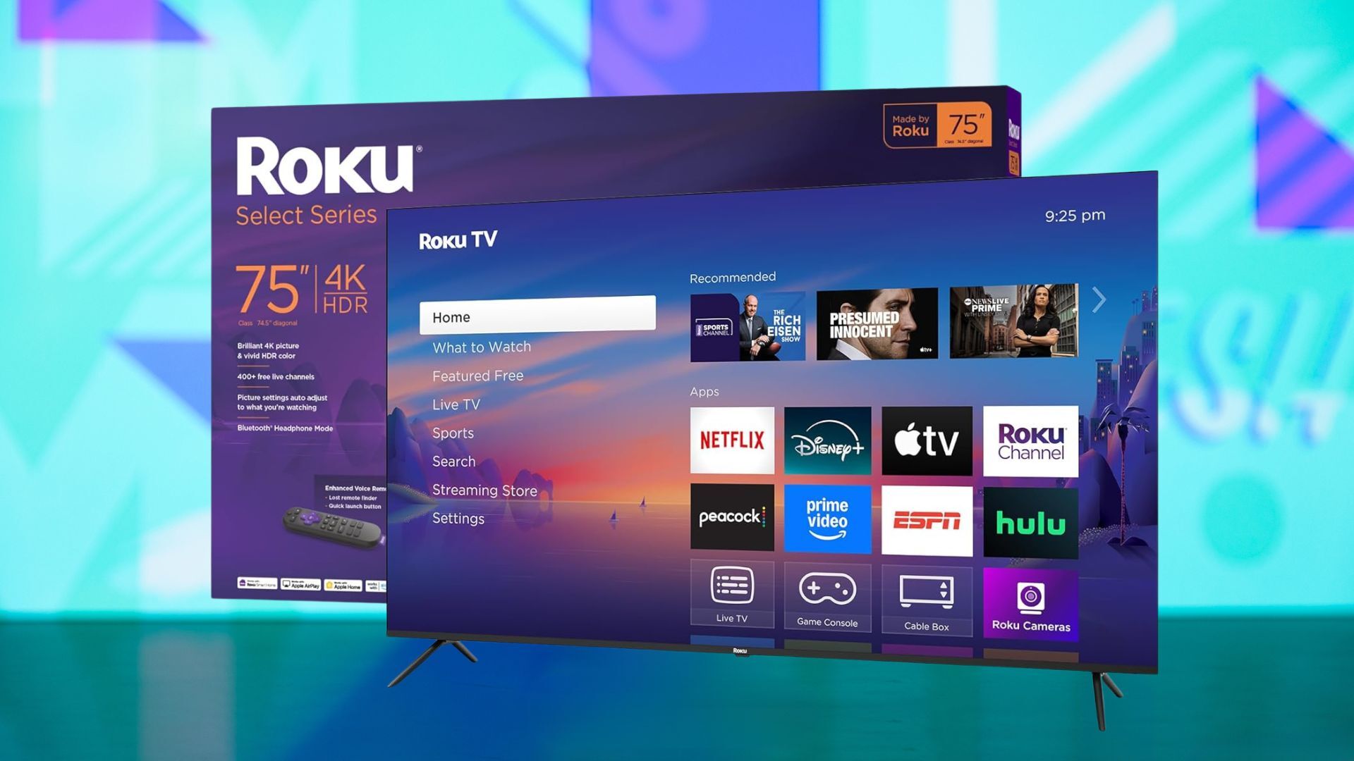 roku smart tv against a light blue patterned background