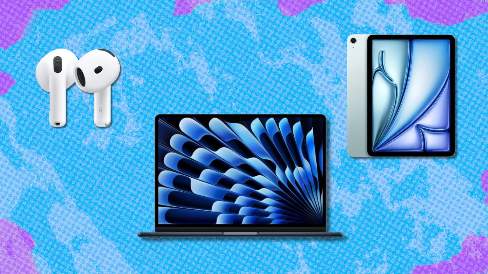 iPad, AirPods, and MacBook with blue and purple background