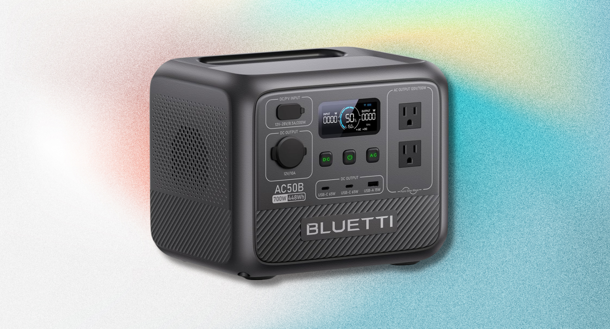 The Bluetti AC50B portable power station is shown on a colorful gradient background.