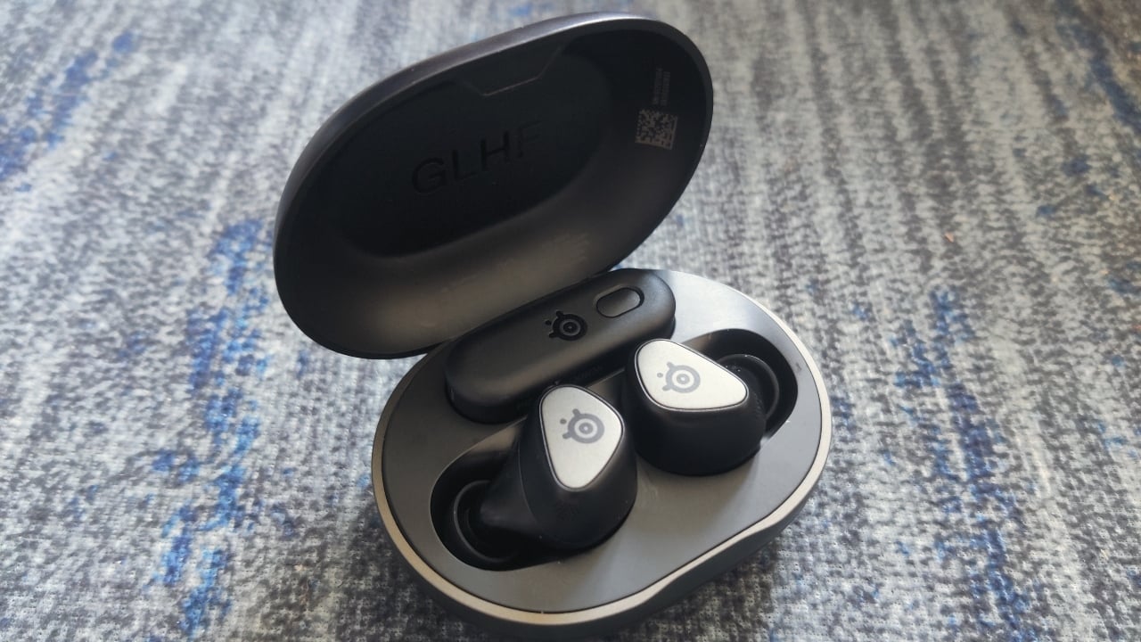 The SteelSeries Arctis GameBuds X on a blue background