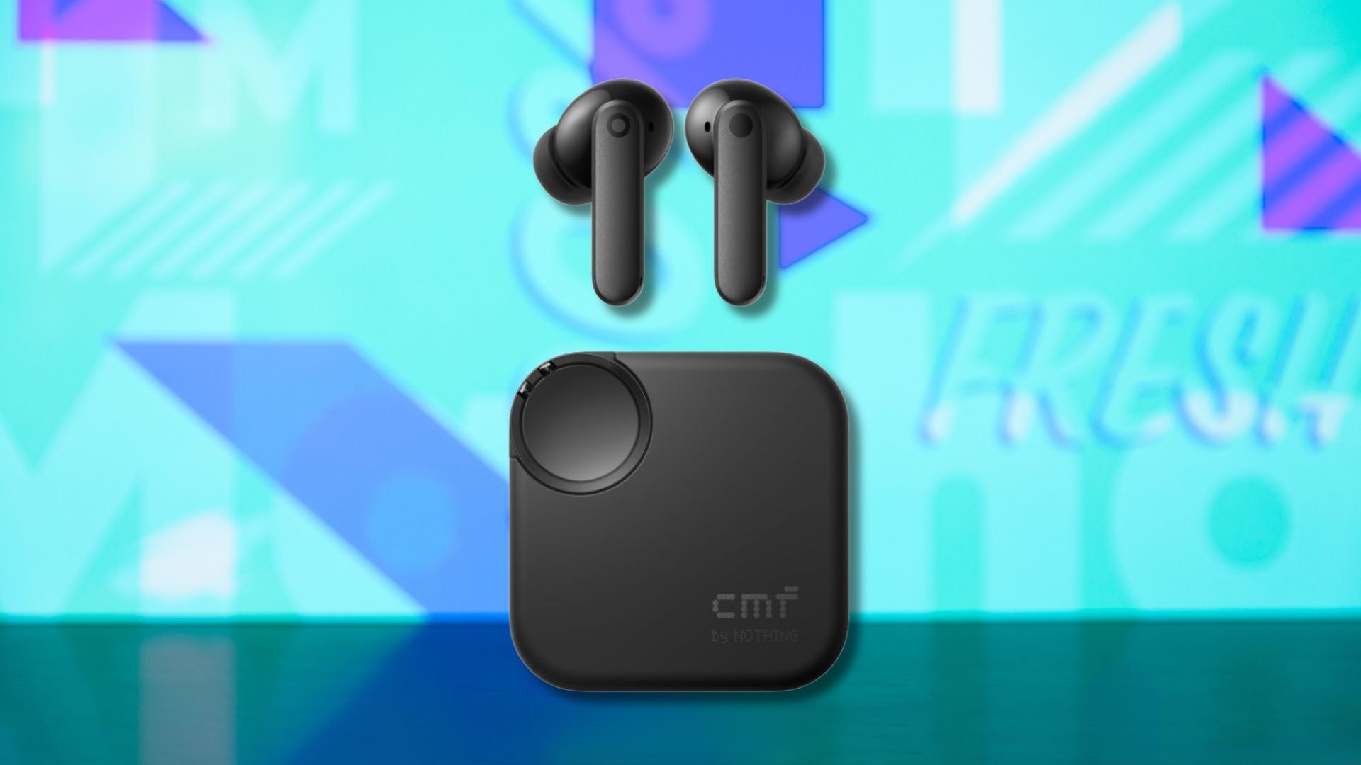 cmf buds 2 earbuds and case against a light blue patterned background