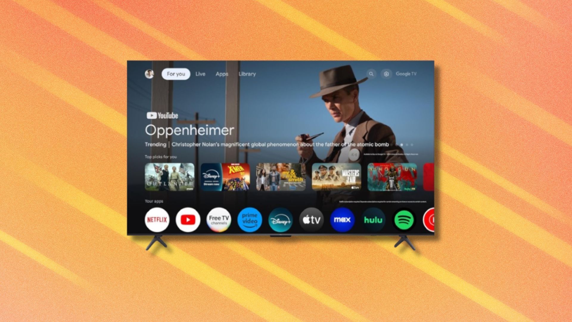 the TCL 55-inch QM6K TV displays the google TV landing page on an orange background